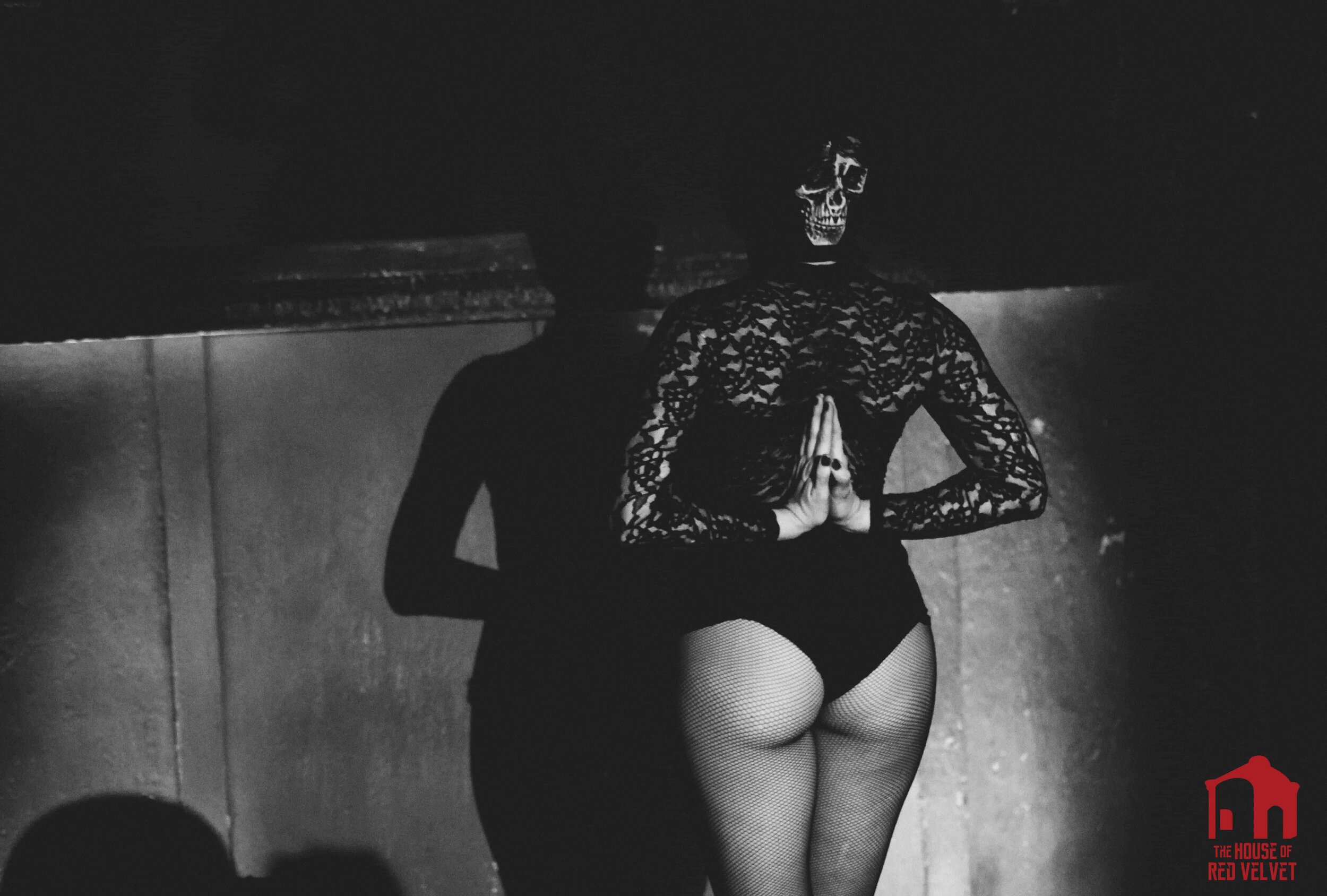 The House of Red Velvet. Skull Performance art. Deathly art. 